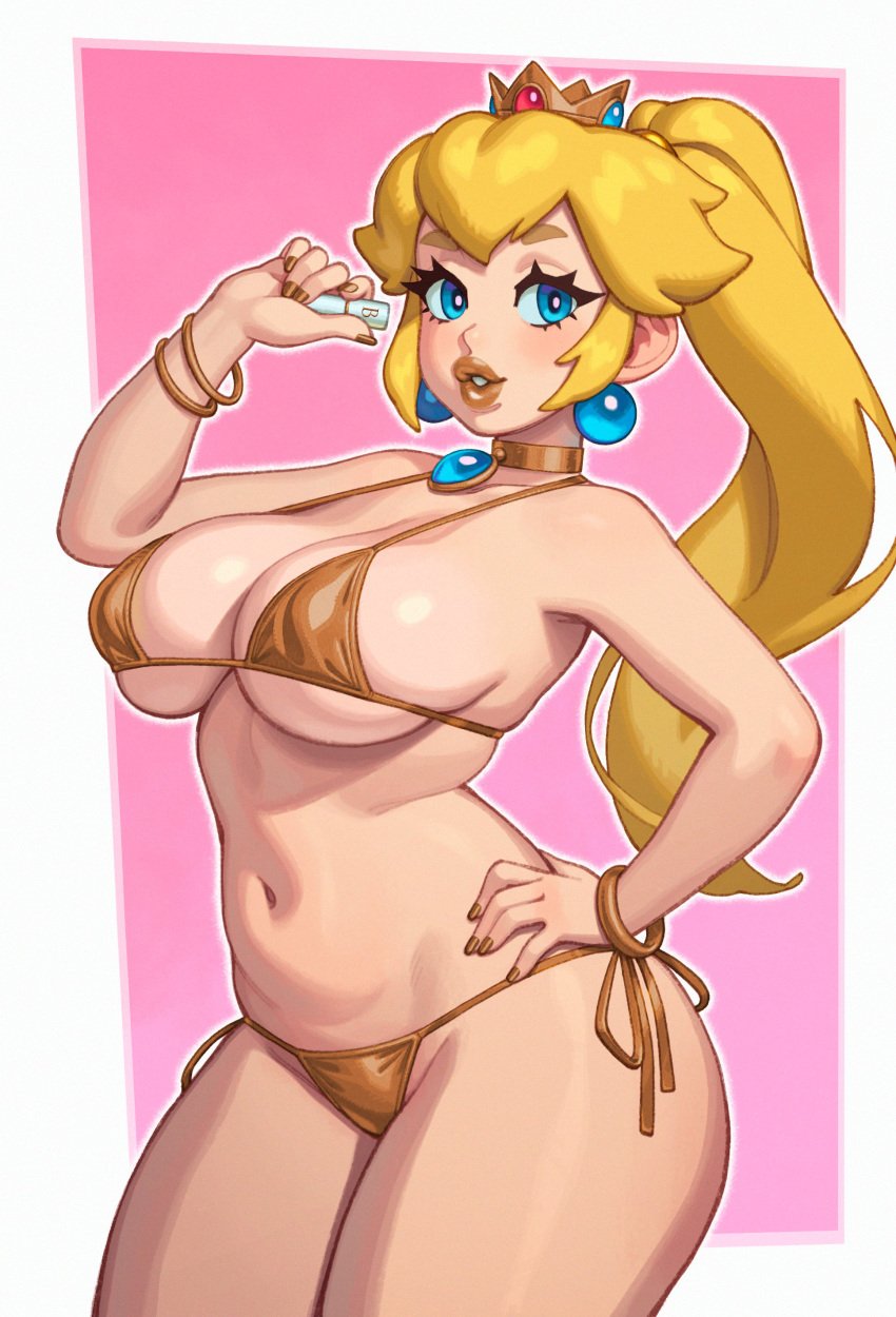 big_ass bikini blonde_hair blue_eyes bronze_lipstick bronze_nail_polish busty choker curvy_figure female female_only jewelry makeup mario_(series) metallic_clothing nintendo pinup princess_peach rizdraws swimsuit thick_thighs