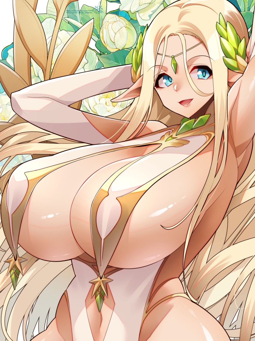 1girls artist_request blonde_hair blue_eyes breast_curtains breasts cerestia_of_life elf elf_ears elf_female female hi_res huge_breasts last_origin light-skinned_female light_skin long_hair massive_breasts pointy_ears revealing_clothes