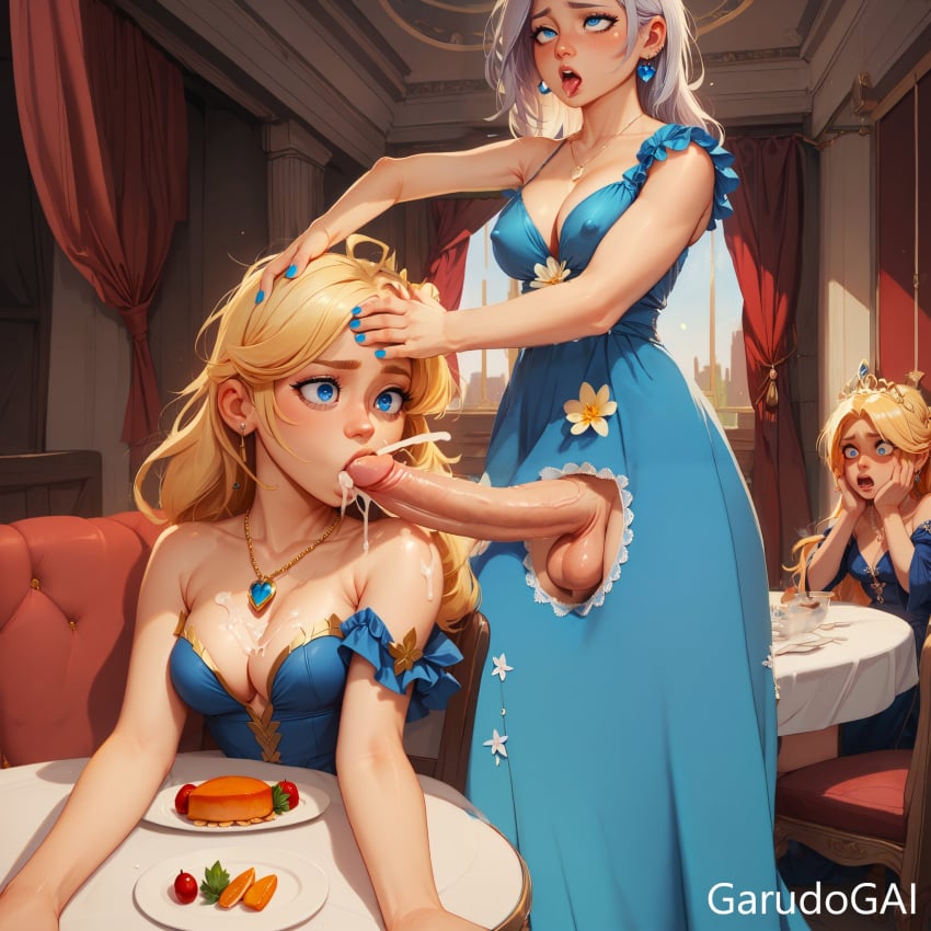 ahegao ahegao_face ai_generated blonde_hair blowjob blue_dress blue_eyes cum_in_mouth futa_on_female futanari garudogai large_penis light-skinned_female light-skinned_futanari shocked_expression