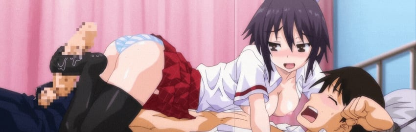 1boy 1girls 3rd_party_edit black_hair black_legwear black_stockings blush bondage censored censored_penis closed_eyes dubious_consent eyebrows_visible_through_hair feet_on_penis female_on_top femdom foot_fetish footjob footjob_with_legwear hibiki_(koakuma_kanojo) kazuki_okumura koakuma_kanojo male moaning nipples no_shoes open_clothes open_mouth open_shirt panties penis precum questionable_consent red_skirt rubbing school_uniform schoolgirl shimapan short_hair smug smug_face sockjob stitched stockings striped_panties thighhighs tied_to_bed tied_up