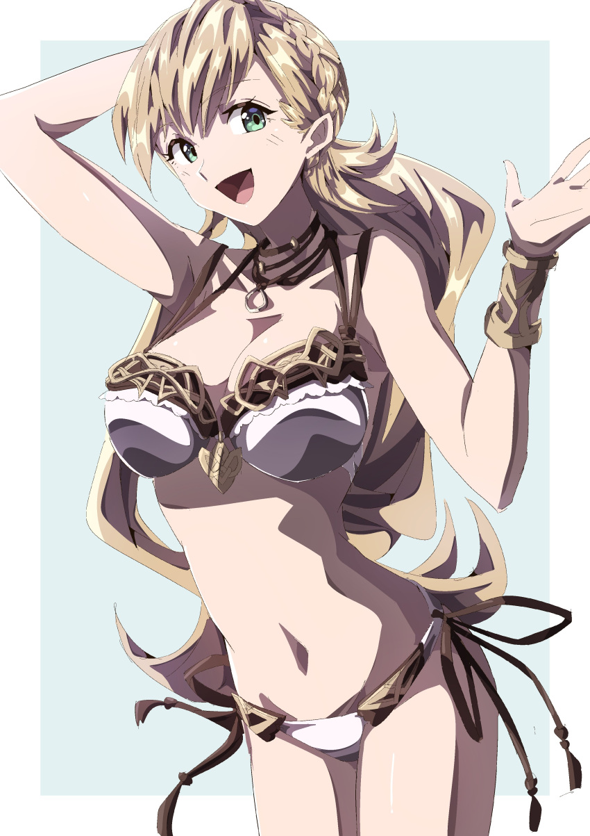 1girls absurdres alternate_costume bikini blue_background border bracelet braid breasts cleavage crown_braid female female female_only fire_emblem fire_emblem_cipher fire_emblem_heroes green_eyes highres jewelry large_breasts long_hair looking_at_viewer navel necklace nintendo official_alternate_costume open_mouth outside_border sharena_(fire_emblem) simple_background smile solo stomach swimsuit to_(tototo_tk) white_bikini white_border white_swimsuit