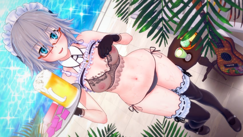 1girls 3d 3d_(artwork) beer belly belly_button blue_eyes breasts condom date_a_live dr_xidan glasses grey_hair honjou_nia koikatsu light-skinned_female lingerie looking_at_viewer maid_outfit nipples nipples_visible_through_clothing panties pool shoes short_hair socks solo solo_female thighs translucent_clothing variant_set vibrator