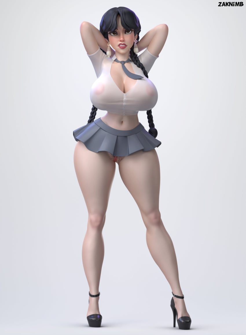 3d big_breasts black_hair brown_eyes condom_earring female going_commando high_heels hips microskirt nipples_visible_through_clothing no_bra no_panties platform_heels posing pubic_hair short_skirt skimpy_clothes skirt the_addams_family tie used_condom wednesday_addams zaknimb