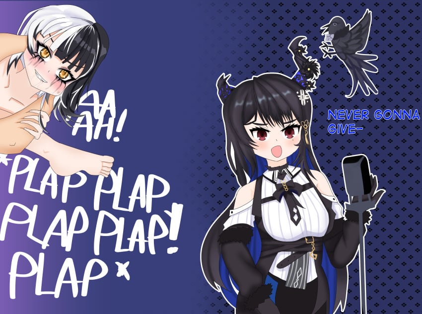 black_hair correction feet feet_up female full_nelson hololive hololive_english hololive_english_-advent- meme microphone mind_break nerissa_ravencroft offscreen_character shiori_novella singing ultra_artu virtual_youtuber