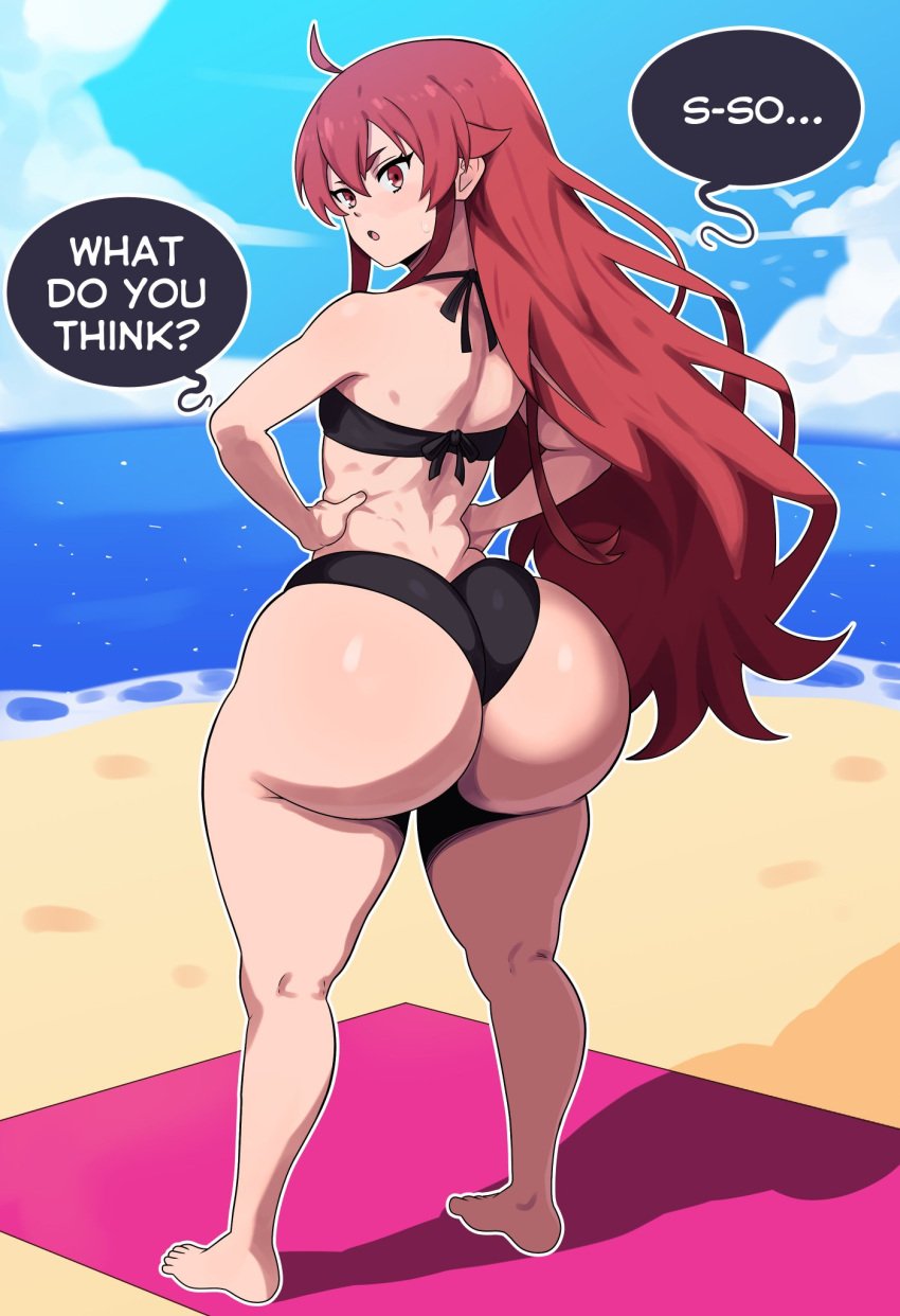 1girls asking_a_question ass ass_focus background beach beach_background beach_towel big_ass big_butt bikini black_bikini black_bikini_bottom black_bikini_top bottom_heavy bubble_butt dialogue eris_greyrat female female_focus female_only flat_chest flat_chested flat_n_thick freshnsfw hands_on_hips large_ass light-skinned_female light_skin long_hair looking_at_viewer looking_back mushoku_tensei pale-skinned_female pale_skin pear-shaped_figure pear_shaped pear_shaped_female red_eyes red_hair small_breasts solo solo_female solo_focus spankable_ass speech_bubble teenage_girl teenager thick_eyebrows thick_thighs young young_female young_girl young_woman younger_female