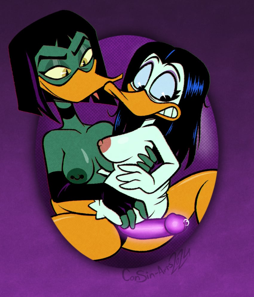 4_fingers anatid anseriform anthro areola armwear ass avian beak big_breasts bird black_hair breasts butt_grab choker clothing consin-arts disney duck ducktales ducktales_(2017) duo elbow_gloves eyeshadow feathers female female/female fingers gloves green_body hair hand_on_butt handwear hi_res highlights_(coloring) jewelry looking_at_another looking_at_partner looking_down magica_de_spell makeup necklace nipple_piercing nipples non-mammal_breasts nude piercing purple_eyeshadow purple_highlights selfcest signature simple_background smile square_crossover strapon tail teeth tongue tongue_out white_body yellow_eyes