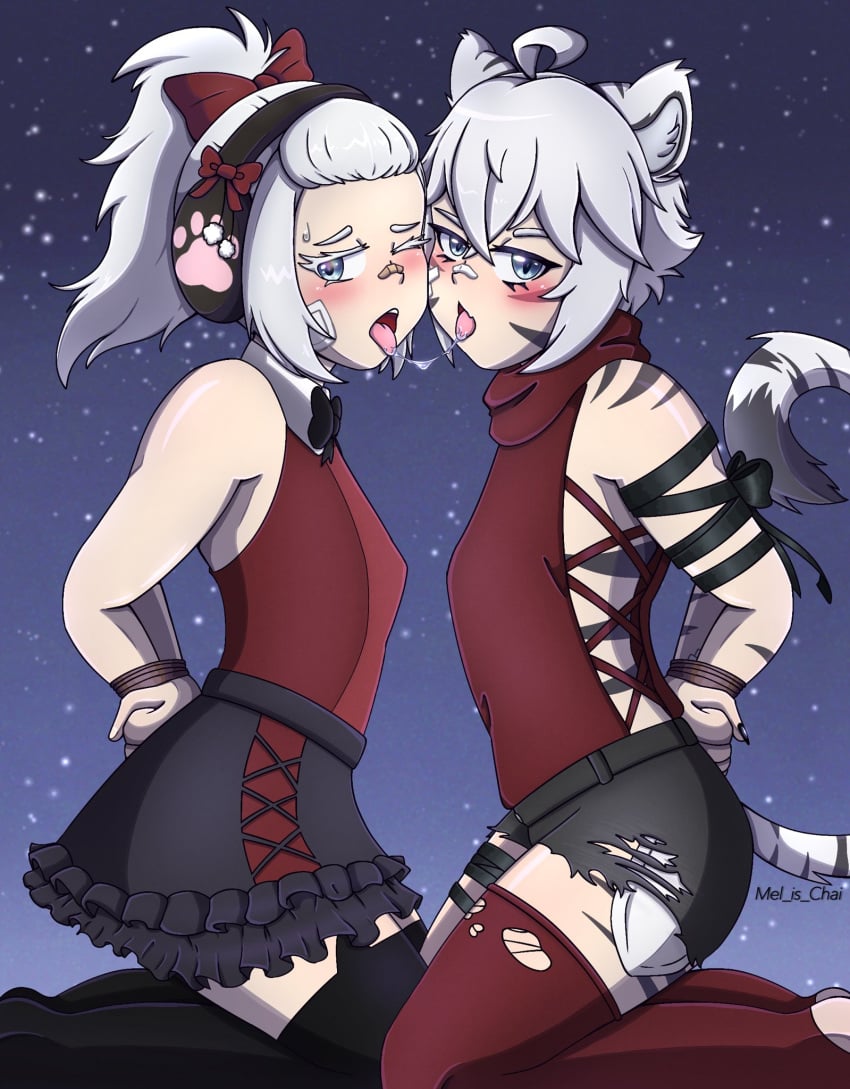 2boys after_kiss animal_ears black_thighhighs blush bondage femboy indie_virtual_youtuber kneeling long_hair looking_at_viewer open_mouth pasties red_thighhighs red_topwear ripped_pants saliva saliva_trail shorts skirt taigaxholic tail thighhighs tied tied_up tongue_out virtual_youtuber vtuber white_hair