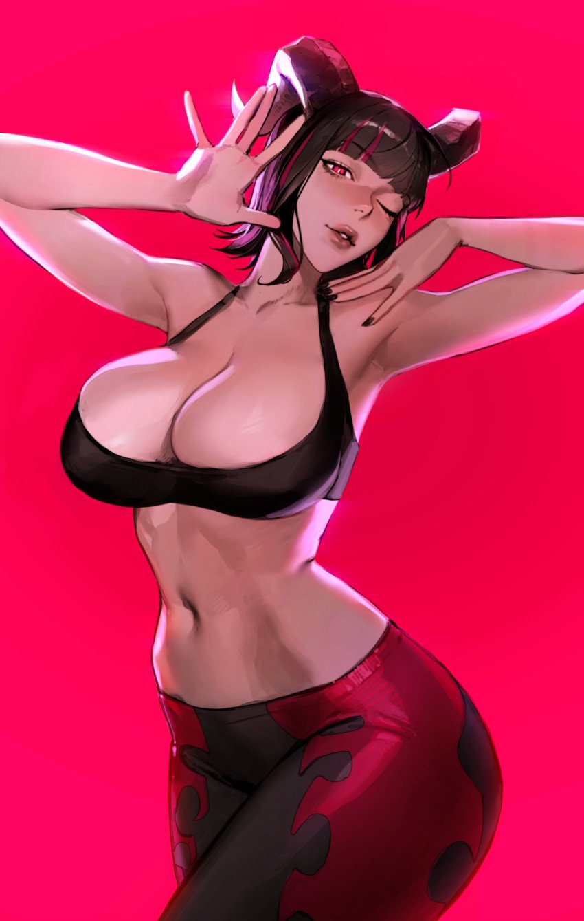 1girls armpits athletic athletic_female big_ass big_breasts bursting_breasts capcom cleavage female female_only fit fit_female fully_clothed jojo's_bizarre_adventure jojo_pose jojo_reference juri_han light-skinned_female limart looking_at_viewer navel overflowing_breasts revealing_clothes street_fighter street_fighter_6 thick_thighs tight_clothing wink winking_at_viewer yoga_pants