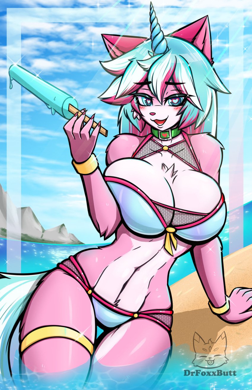 1girls alluring anthro beach big_breasts bikini bloodlustfox_(artist) blue_eyes blue_sky cleavage drfoxxbutt holding_popsicle multicolored_hair ocean unikitty unikitty! unikitty_(series) unikitty_show_(copyright) warner_brothers