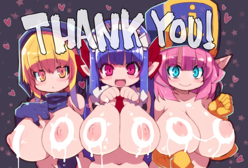 3girls blonde_hair blue_eyes blue_hair body_writing breasts character_request completely_nude completely_nude_female disgaea dragon_quest dragon_quest_x elf_(dq10) facing_viewer gloves huge_breasts large_breasts looking_at_viewer mage_(disgaea) milestone_celebration multiple_girls necktie_between_breasts nippon_ichi_software pink_hair pointy_ears red_eyes smile square_enix useless_clothing yellow_eyes zankuro