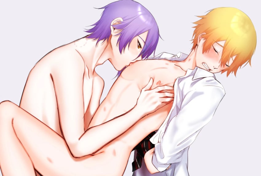 2boys bite_mark closed_eyes gay hickey_marks hickeys_on_neck hickeys_on_thighs horny_male kamishiro_rui male male/male male_focus male_only naked project_sekai purple_hair rui_kamishiro ruikasa sucking sucking_male_nipple sucking_nipple sucking_nipples tenma_tsukasa tied_arms tied_up yellow_eyes yellow_hair