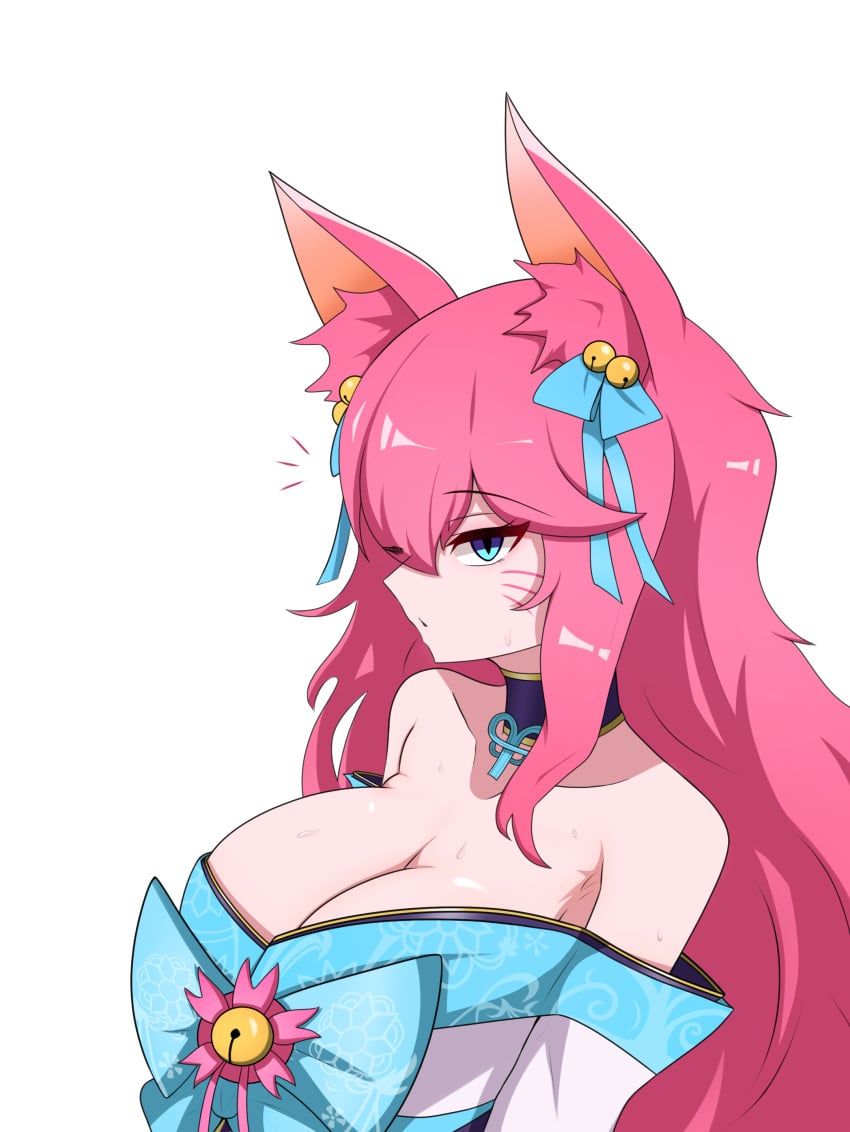 9_tails ahri alternate_costume alternate_hair_color alternate_hairstyle animal_ear_fluff animal_ears animal_girl artist_request bangs bell big_breasts blue_eyes breasts busty choker cleavage clothing eyelashes eyeliner eyeshadow facial_markings female fluffy fluffy_ears fluffy_tail fluffy_tails fox fox_ears fox_girl fox_tail furry_tail hair_ornament hair_ribbon humanoid inner_ear_fluff japanese_clothes kemonomimi kimono kitsune league_of_legends light-skinned_female light_skin long_hair multiple_tails nine_tailed_fox no_nude pale-skinned_female pale_skin pink_hair riot_games robe spirit_blossom_ahri spirit_blossom_series tail vastaya video_games