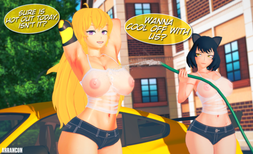 2girls armpits arms_behind_head arrancon big_breasts black_hair black_hair_female blake_belladonna blonde_female blonde_hair busty canon_couple cat_ears dialogue hands_behind_head large_breasts midriff navel nipples pose posing purple_eyes revealing_breasts robotic_arm rwby seductive seductive_smile see-through see-through_clothing sexy_armpits short_shorts smile toned water_hose wet_body wet_clothing wet_tank_top yang_xiao_long yellow_eyes