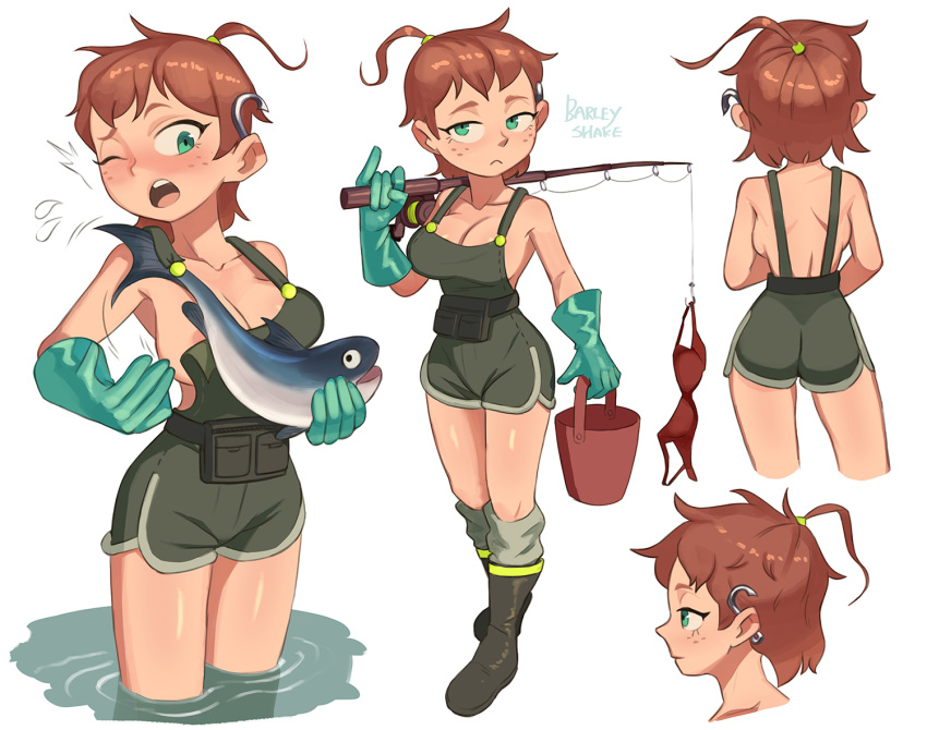 1girls 2020 barleyshake big_breasts cleavage fish fishing_rod ginger green_eyes naked_overalls original_character overalls