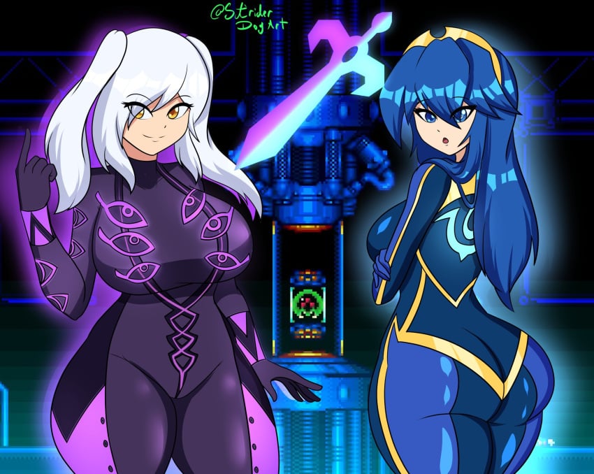 2girls alternate_costume ass breasts cosplay crossover female female_only fire_emblem fire_emblem_awakening lucina_(fire_emblem) metroid nintendo robin_(fire_emblem) robin_(fire_emblem)_(female) striderdogart zero_suit_samus_(cosplay)