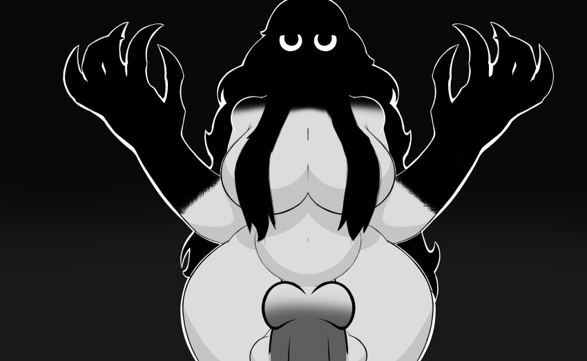 absurd_res anthro ass balls belly big_breasts big_butt big_hands black_body breasts canid canine claws dark emberdibuja finger_claws genitals ghost glowing glowing_eyes grey_body herm hi_res huge_hips humanoid intersex knot mammal monochrome shadow simple_background solo spirit wide_hips