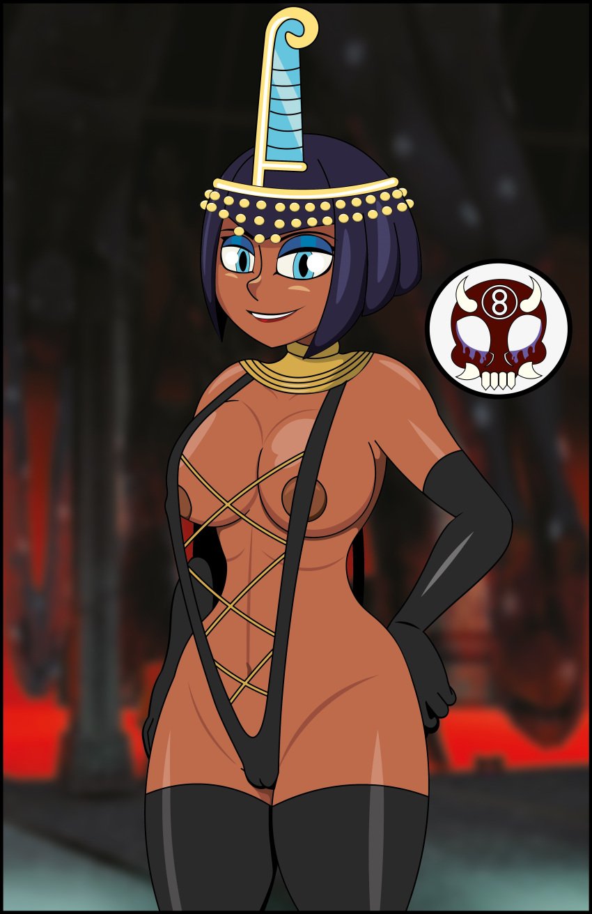 armwear blue_eyes blue_makeup bob_cut c8ball9615 dark_nipples egyptian egyptian_female eliza_(skullgirls) gold_(metal) headwear legwear mascara milf nipple_slip red_lipstick short_hair skullgirls smiling string_bikini