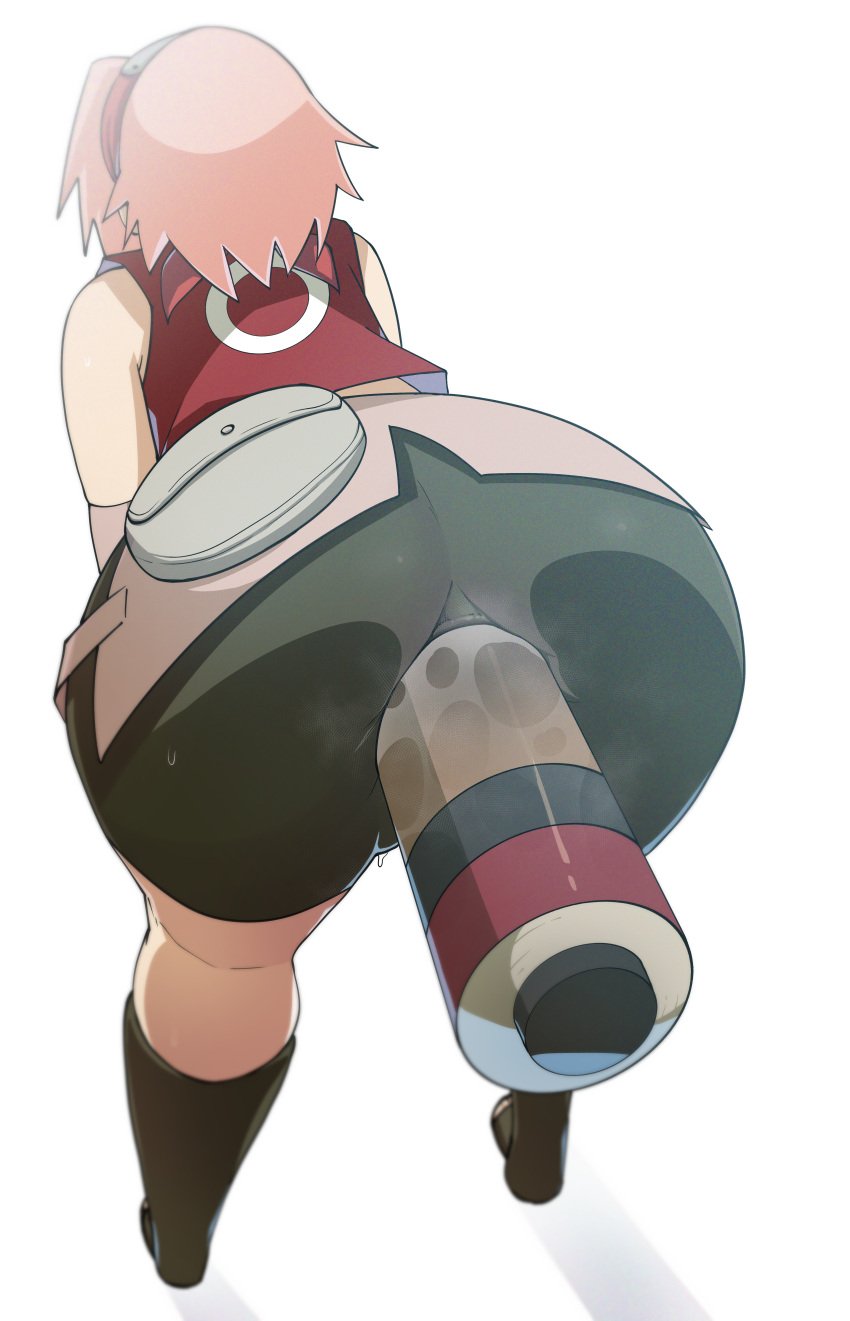 2d absurdres anal anal_object_expulsion anal_object_insertion anal_storage anal_through_clothes ass ass_focus bent_over black_footwear black_shorts bottle_filling cavity_storage female footwear forced_in_fabric forehead_protector full_color fully_clothed highres naruto naruto_(series) naruto_shippuuden object_insertion penetration_through_clothes pink_hair pouch red_shirt sakura_haruno scroll shirt short_hair shorts simple_background sleeveless sleeveless_shirt solo solo_female spaghett8 spaghetto087 white_background