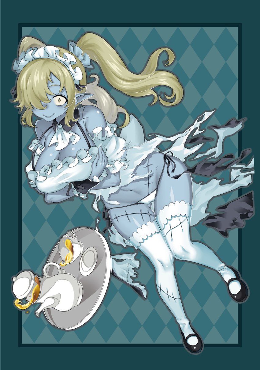 breasts cleavage disgaea disgaea_5 kikimi large_breasts maid maid_(disgaea) nippon_ichi_software panties stitches thighs torn_clothes zombie zombie_girl