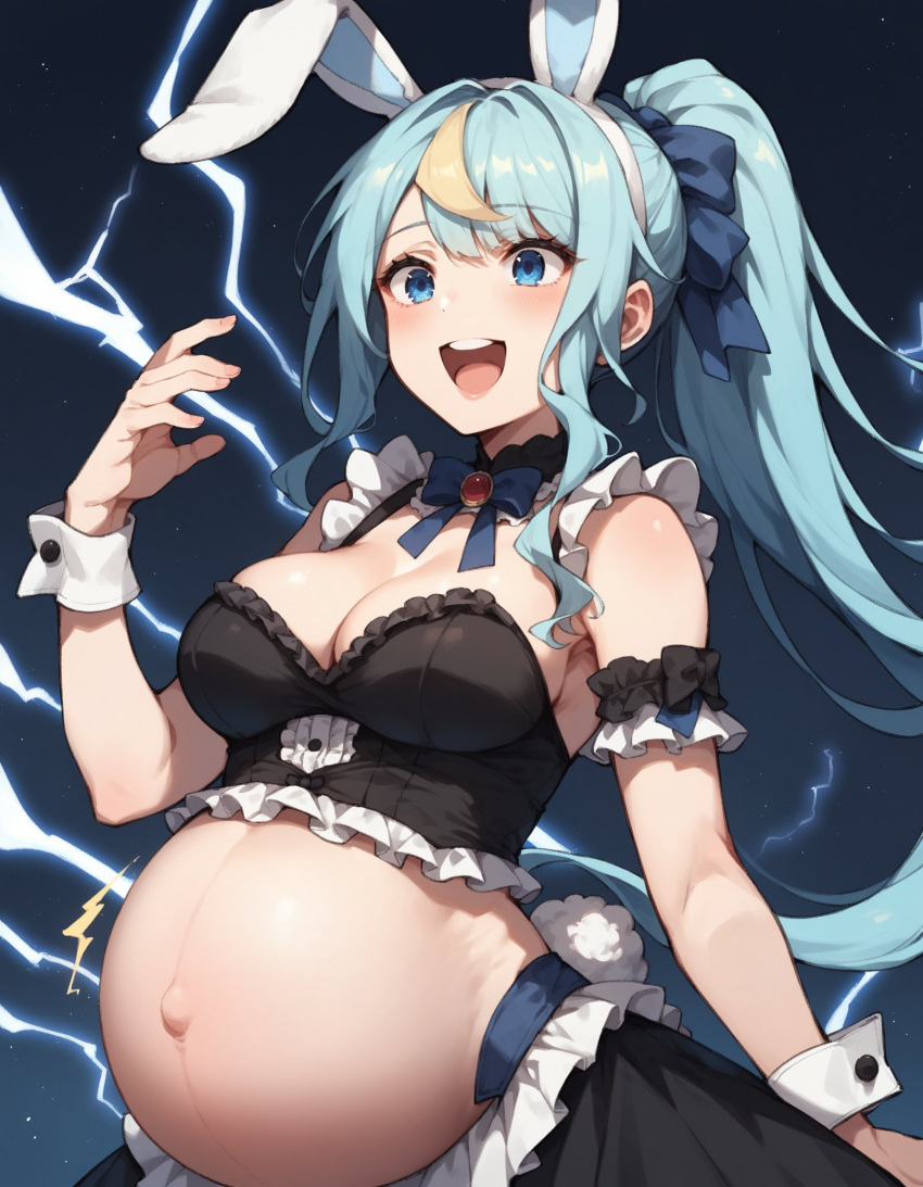 1girls ai_generated big_breasts blue_hair breasts bunny_ears bunny_girl clothed clothing female human kaminari_clara light-skinned_female light_skin lightning maid mostly_clothed phase_connect phase_connect_jp phase_kaleido pregnant standing virtual_youtuber wrist_cuffs