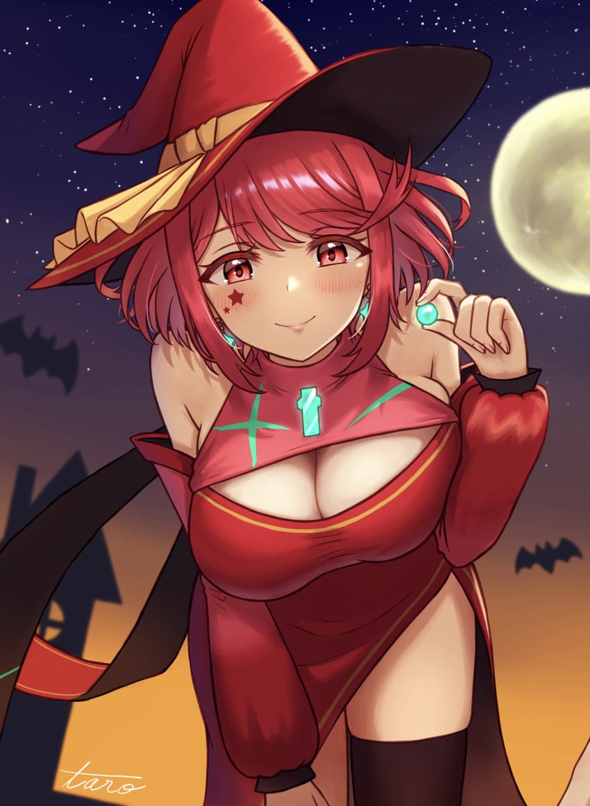 1girls breasts core_crystal detached_sleeves dress earrings halloween halloween_costume hat large_breasts looking_at_viewer moon night nintendo pyra red_dress red_eyes red_hair short_hair starry_sky taro_(peach_taro51) thighhighs witch_costume witch_hat xenoblade_(series) xenoblade_chronicles_2