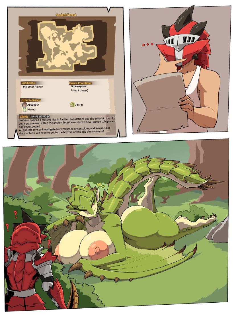 anthro breasts bubble_butt comic comic_page dominant_female dragon dragon_girl dragon_tail dragon_wings dragoness english_text female female_dragon female_focus femdom forest forest_background helmet human_male hunter_(monster_hunter) large_breasts larger_female laying_down male_human male_human/female_anthro monster_girl monster_hunter nipples pink_nipples puffy_nipples rathian text the_yeager thick thick_thighs