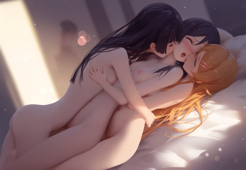 2girls 3girls ai_generated aragaki_ayase black_hair blush breasts closed_eyes completely_nude gokou_ruri group_sex hair_ornament hairclip highres hime_cut kissing kousaka_kirino licking long_hair lying multiple_girls nipples novelai nude on_back open_mouth orange_hair ore_no_imouto_ga_konna_ni_kawaii_wake_ga_nai pillow pink_hairclip saliva small_breasts stupixi_v tongue yuri