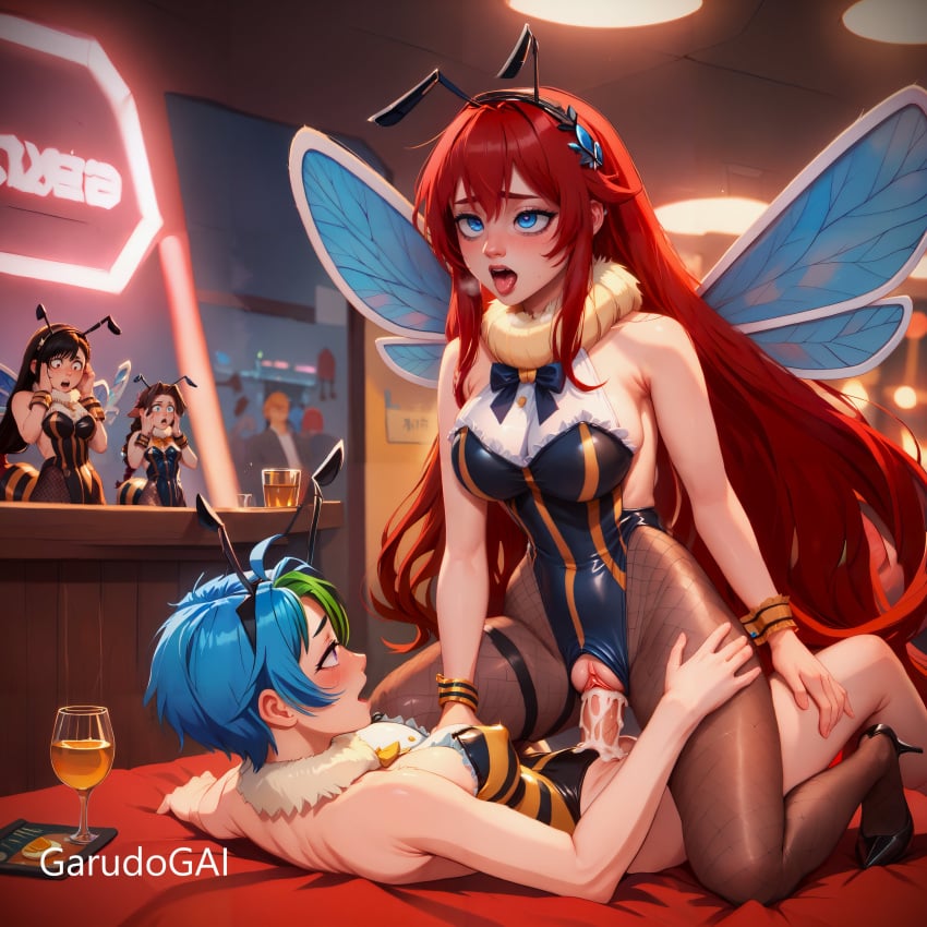 aerith_gainsborough ai_generated blue blue_eyes blue_hair cowgirl_position creampie cum cum_in_pussy cum_inside final_fantasy_vii futa_on_female futanari garudogai high_school_dxd honeybee_inn_uniform light-skinned_female light-skinned_futanari red_hair rias_gremory shocked_expression tifa_lockhart xenovia_quarta