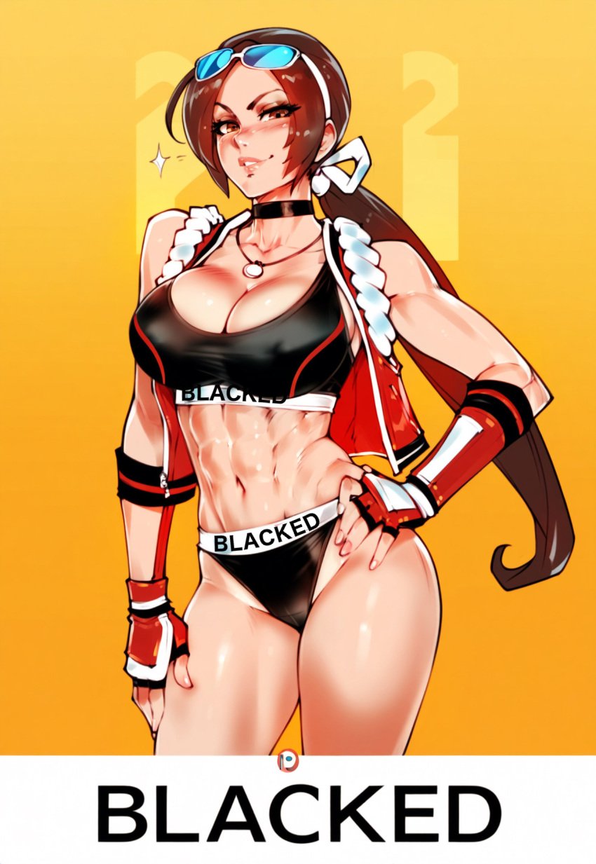 1girls abs ai_generated asian asian_female big_breasts blacked blacked_(phrase) blacked_clothing brown_hair fatal_fury female fit fit_female frame king_of_fighters looking_at_viewer mai_shiranui novelai photoshoot ponytail pose snk solo solo_female sports_bra sunglasses_on_head twitwit