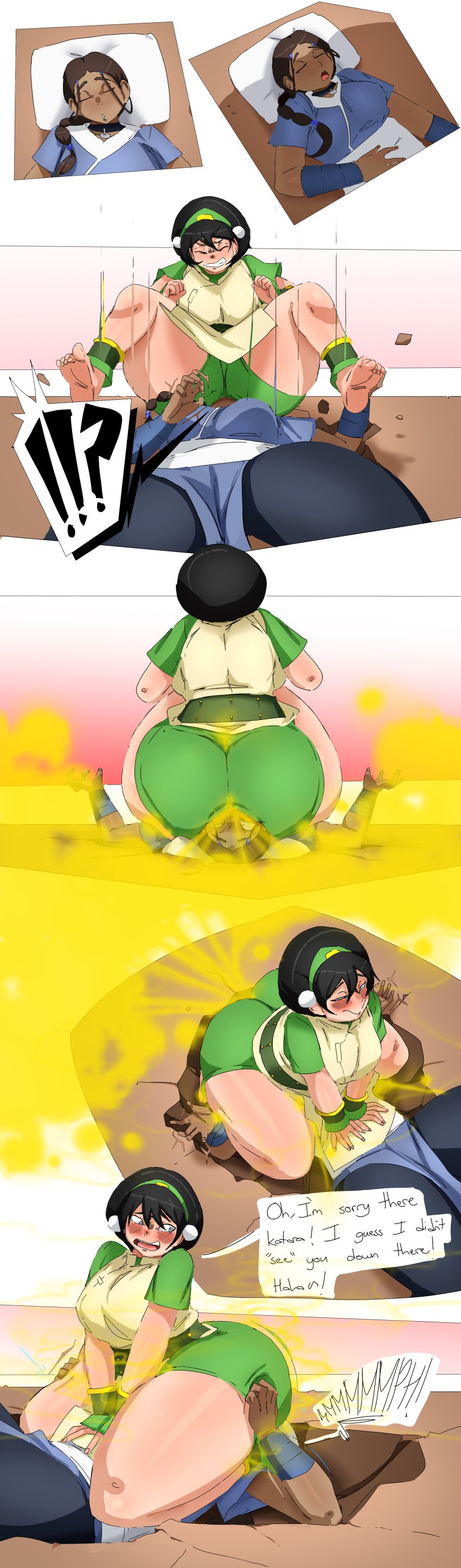 !!? 2girls ass ass_grab ass_on_face avatar_legends avatar_the_last_airbender big_ass big_butt black_hair blind blush brown_hair closed_eyes dark-skinned_female earth_kingdom english_text facesitting fart fart_cloud fart_fetish farting farting_in_face female green_shorts grey_eyes hairband katara laying_down laying_on_back lazei looking_back nickelodeon open_mouth pillow rear_view shaded shorts sleeping smile text thick_thighs toph_bei_fong viewed_from_behind water_tribe
