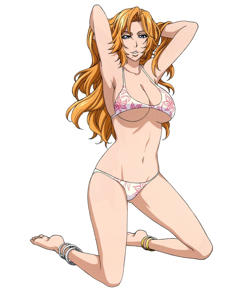 barefoot bikini bleach bleach:_brave_souls breasts female full_body highres kubo_tite long_hair matsumoto_rangiku navel official_art orange_hair scan simple_background solo stomach swimsuit