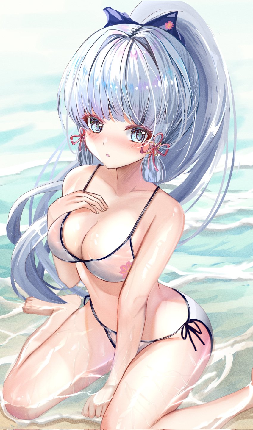 1girls 2d 2d_(artwork) alternate_costume bikini bikini_bottom bikini_top blue_eyes blue_hair blush bra cleavage day fat_ass feet female front_view genshin_impact hand_on_breast high_resolution highres kamisato_ayaka light-skinned_female light_skin long_hair looking_at_viewer medium_breasts mitsu336 ocean ponytail revealing_swimsuit slim solo summer swimsuit thong thong_bikini two_piece_swimsuit water wet wet_body white_bikini white_bikini_bottom white_bikini_top younger_female