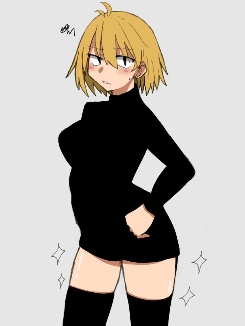 arcueid_brunestud big_breasts black_clothing black_dress blonde_hair blush dress hands_on_hips huge_breasts large_breasts looking_at_viewer maz_515 meme meme_attire posing short_hair small_dress sweatdrop thick_thighs thighhighs top_heavy tsukihime wide_hips