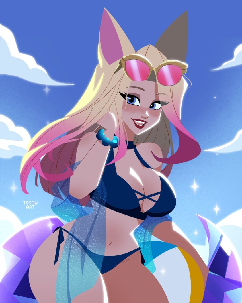 1girls ahri big_breasts bikini blonde_hair blue_eyes blue_sky bracelet cleavage eyelashes female fox_ears k/da_ahri k/da_series league_of_legends lipstick long_hair looking_at_viewer navel pink_hair smile solo sunglasses sunglasses_on_head teddy_art two_tone_hair