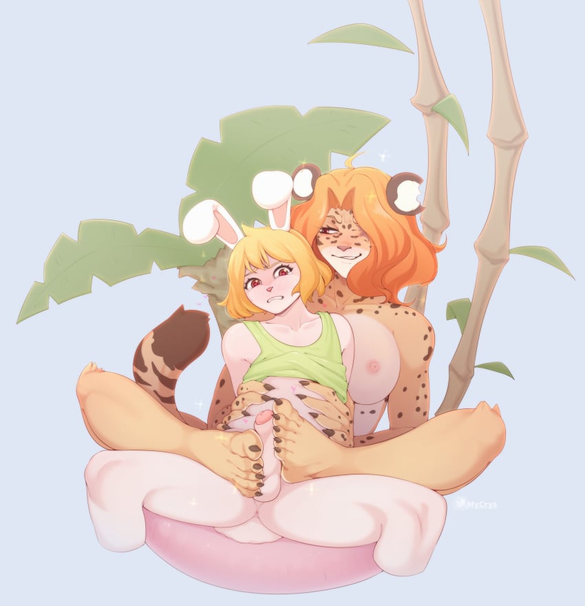 1boy 1girls animal_ears anthro anus areolae blonde_hair breasts bunny_ears carrot_(one_piece) felid female footjob from_behind genderswap_(ftm) genderswap_(mtf) lagomorph legs_apart leopard leopard_print male mycrys nipples one_piece orange_hair pantherine pedro_(one_piece) penis red_eyes rule_63 sitting smiling tail very_high_resolution white_body