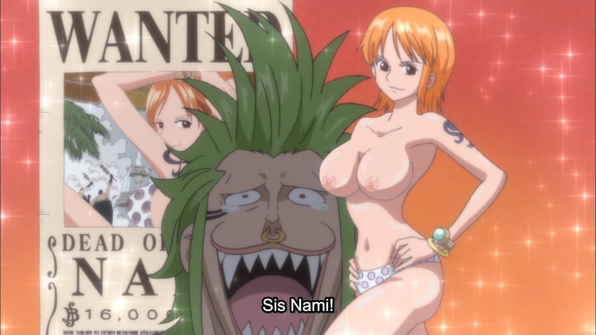 areolae artist_request bartolomeo female green_hair large_breasts male nami nami_(classic) nude_filter one_piece orange_hair panties pre_timeskip tattoo