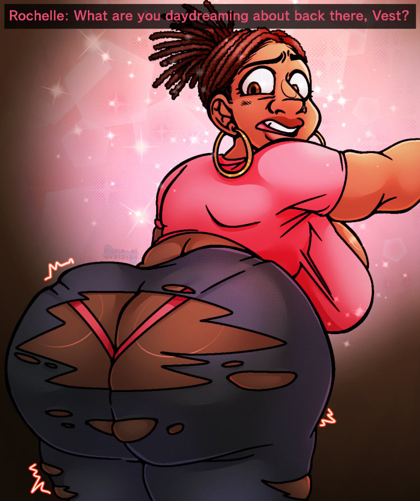 ass ass_expansion ass_focus ass_up bent_over big_ass big_breasts big_butt breasts chubby chubby_arms chubby_female concerned_look confused_look dark-skinned_female dark_skin dreadlocks earrings fat_ass female female_focus female_only large_ass large_breasts mouth_open pink_underwear ripped_clothing ripped_pants rochelle_(left_4_dead) squished_breasts text text_box thong thong_straps visible_underwear