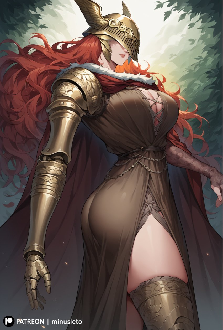 1girls 2024 ai_generated ass big_breasts cleavage elden_ring long_hair malenia_blade_of_miquella minusleto outdoors red_hair stable_diffusion standing thick_thighs