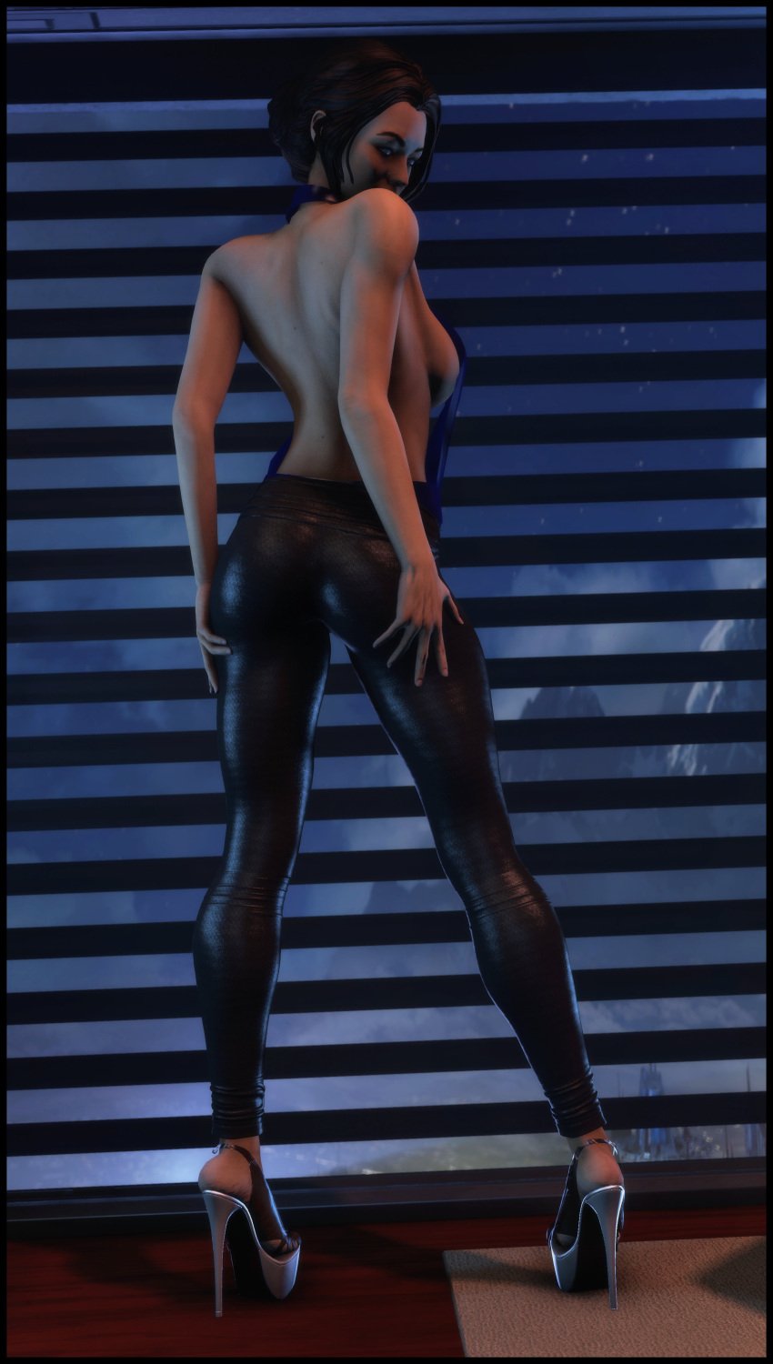 3d 3d_(artwork) ass ass_focus backless_outfit bioware clothed foab30 hand_on_butt high_heels leggings looking_at_viewer looking_back mass_effect miranda_lawson