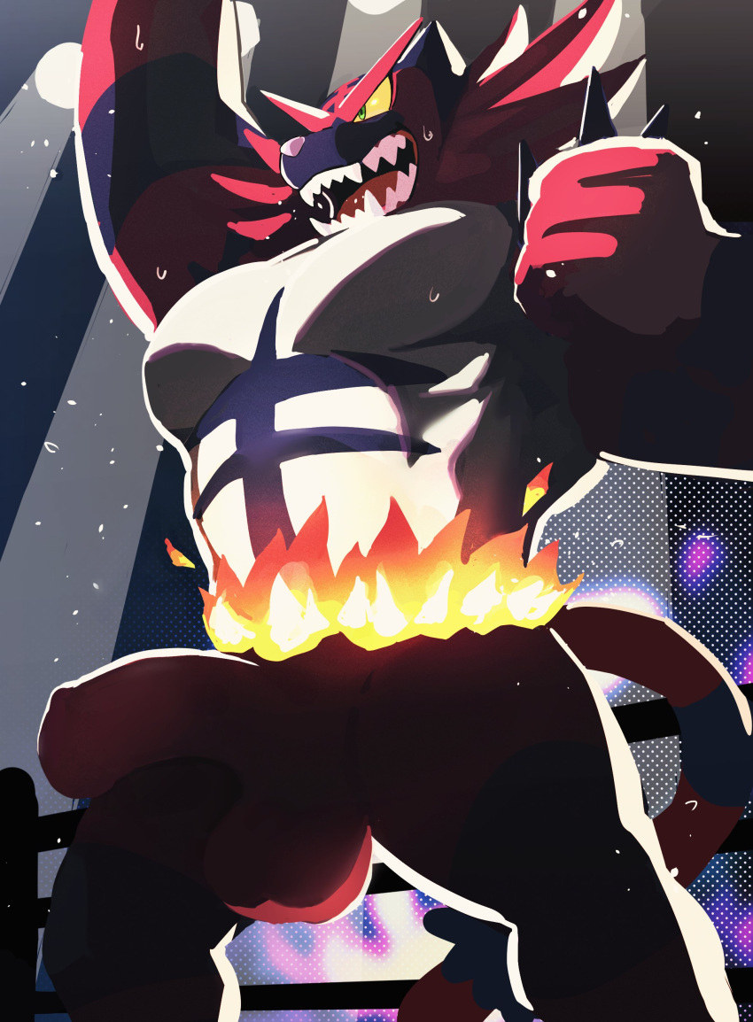 2024 absurd_res anthro balls biped black_body bodily_fluids digital_media_(artwork) erection fangs fire fur generation_7_pokemon genitals grey_body hi_res humanoid_genitalia humanoid_penis incineroar k0bit0wani male male_anthro multicolored_body multicolored_fur muscular muscular_anthro muscular_male nintendo open_mouth penis pokemon pokemon_(species) red_body sharp_teeth solo sweat teeth