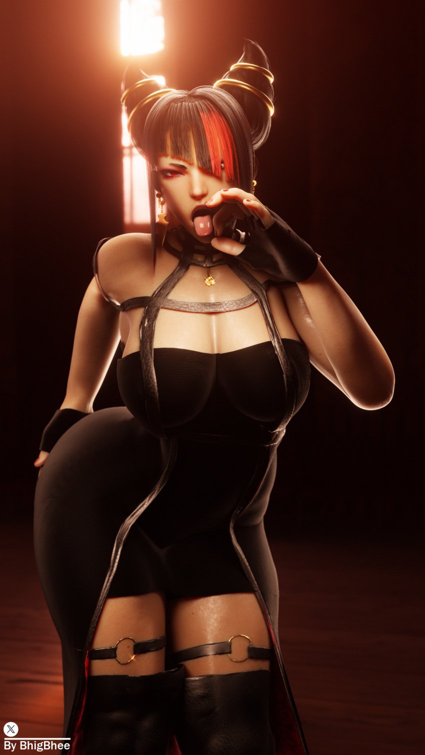 1girls 3d 3d_(artwork) alternate_costume bhigbhee black_hair blowjob_gesture boots cleavage cosplay dress earrings female female_only gesture gesturing_at_viewer gloves gold_(metal) hand_on_butt hi_res highres juri_han large_ass large_breasts light-skinned_female looking_at_viewer nail_polish red_eyes sexually_suggestive solo spy_x_family street_fighter tongue tongue_out two_tone_hair watermark yor_briar_(cosplay)