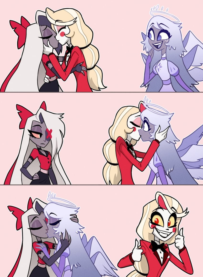 angel blonde_hair blue_eyes centinel303 charlie_morningstar_(hazbin_hotel) demon emily_(hazbin_hotel) eyepatch female female_focus female_only grey_skin hazbin_hotel lesbian_kiss long_hair meme polyamory red_cheeks red_eyes smiling_at_viewer suprise_kiss suprised_look tagme thumbs_up vaggie_(hazbin_hotel) white_hair white_skin wide_eyed wings