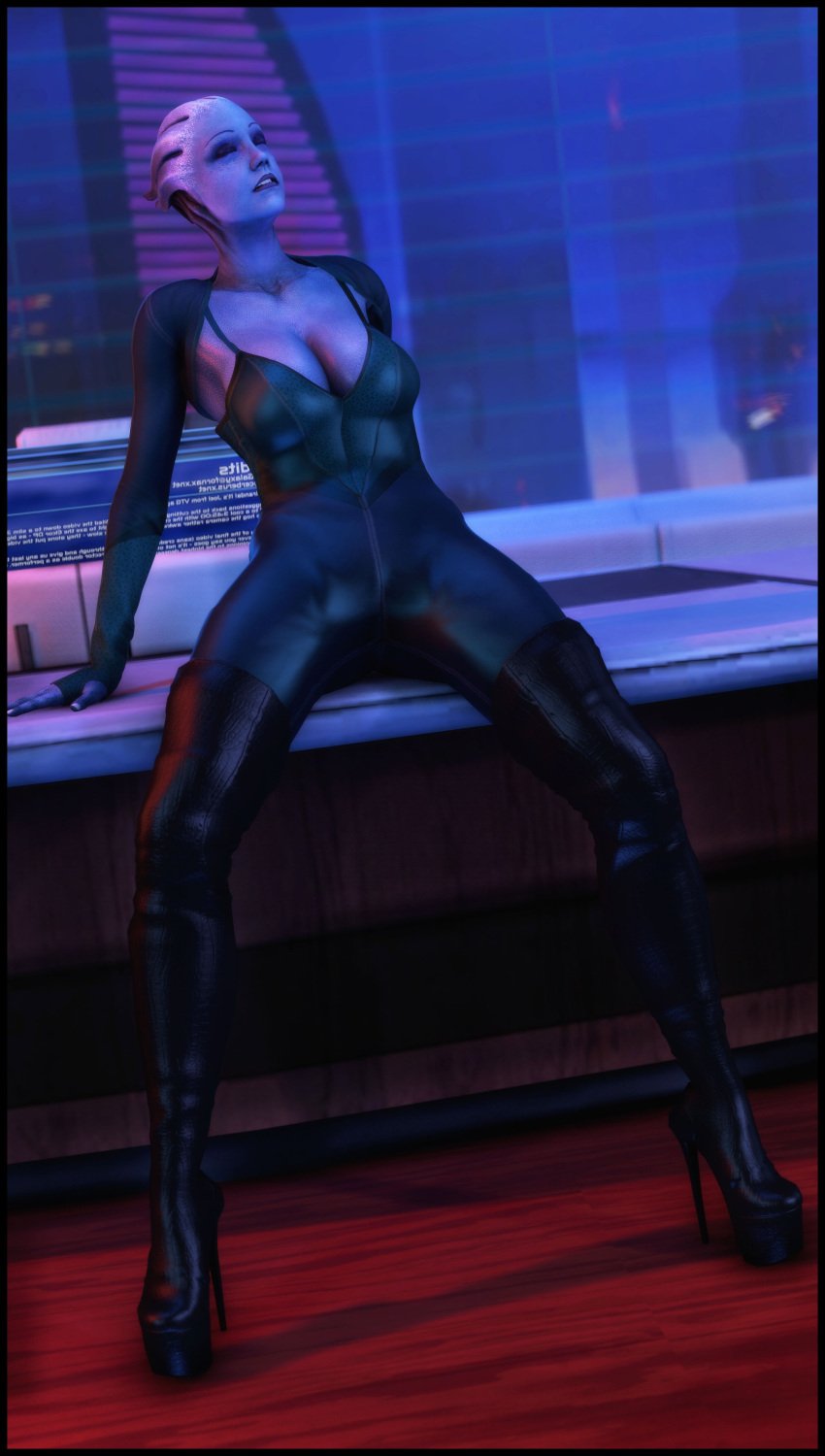 3d 3d_(artwork) alien alien_girl alien_humanoid asari bioware cleavage cleavage_cutout closed_eyes clothed female female_focus female_only foab30 high_heel_boots leather_clothing liara_t'soni mass_effect open_legs seductive spread_legs spreading