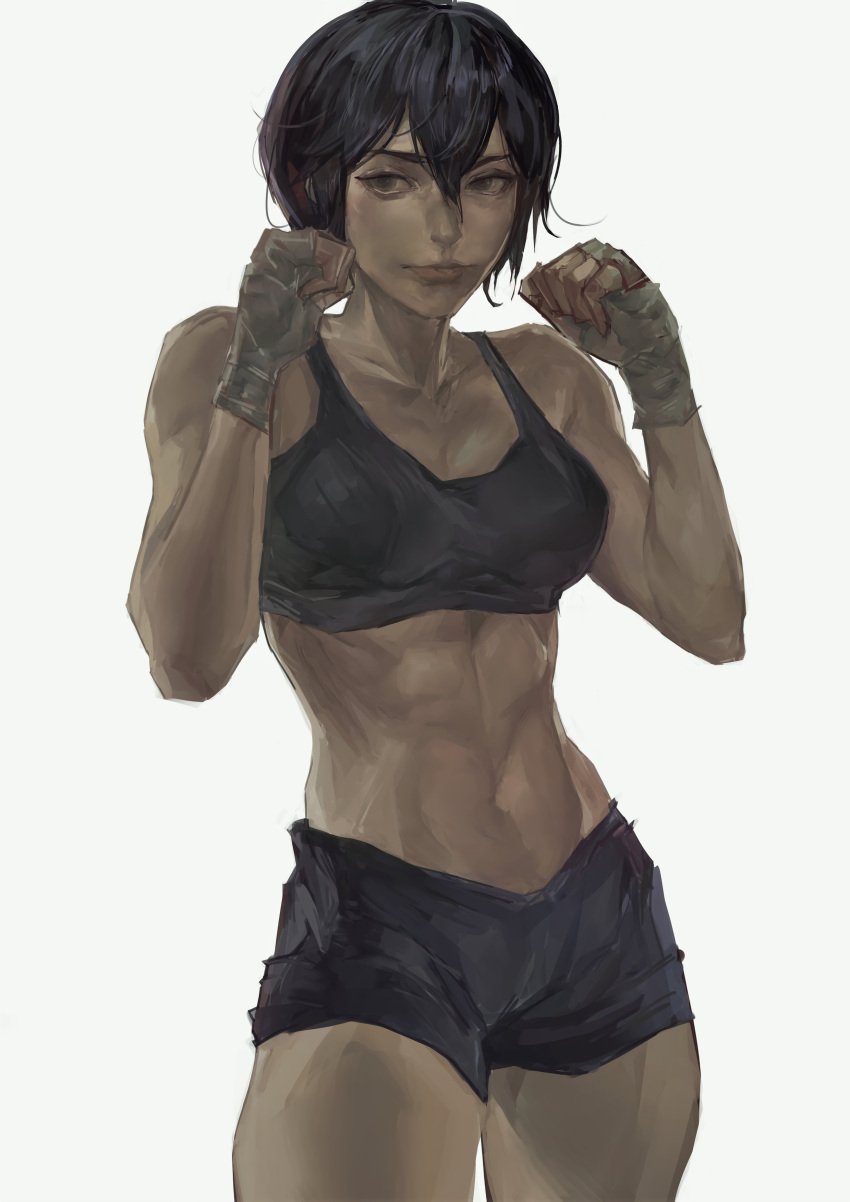 1girls abs asian_female biceps boxer_girl breasts cleavage collarbone guard_position japanese_female muscle_girl muscular muscular_arms muscular_female pixie_cut pixie_cut_female saotome_senshu,_hitakakusu saotome_yae serratus_anterior short_hair shorts simple_background solo solo_female solo_focus sports_bra tomboy tristanmori