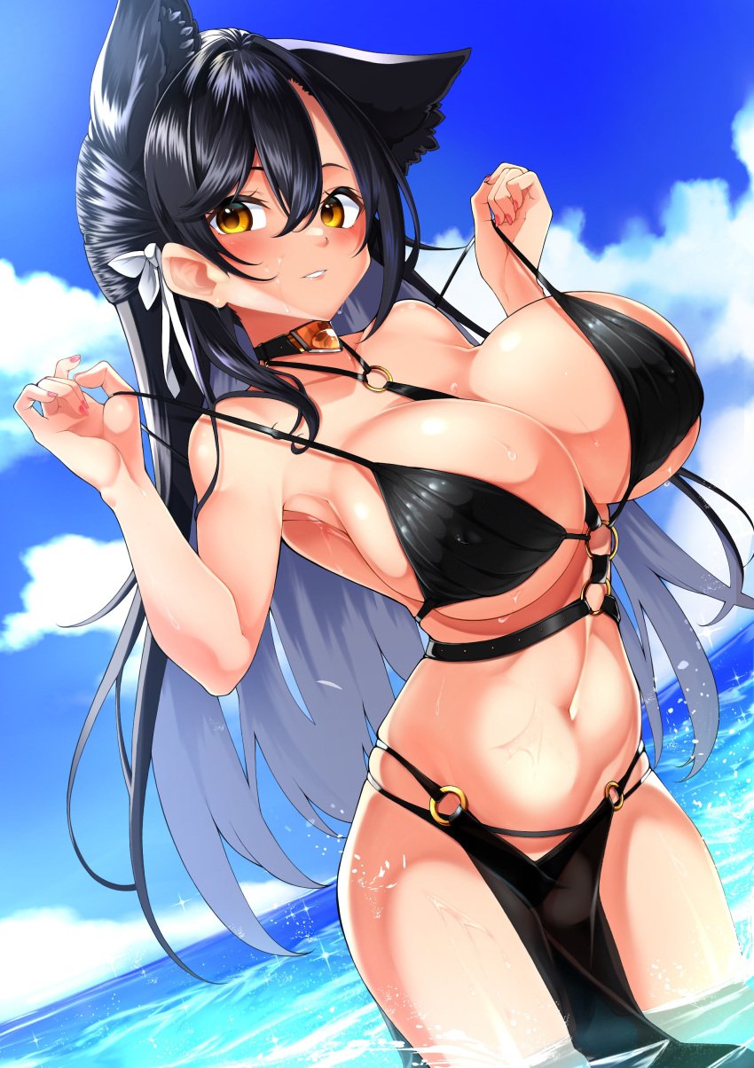 1girls absurdres animal_ears aruto_(shake_onigiri) atago_(azur_lane) azur_lane bare_shoulders bikini black_bikini black_hair blush bra breasts choker cleavage collarbone day extra_ears female gem hair_ornament highleg highleg_bikini highres holding holding_bra holding_clothes holding_underwear large_breasts light-skinned_female light_skin long_hair looking_at_viewer navel o-ring o-ring_bikini ocean outdoors pelvic_curtain ribbon sakura_empire_(azur_lane) smile solo string_bikini swimsuit underwear wading white_ribbon yellow_eyes