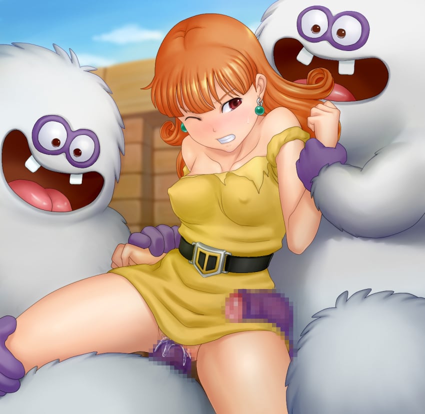 1girls alena_(dq4) arm_grab brown_eyes brown_hair censored clenched_teeth clothed_sex clothing dragon_quest dragon_quest_iv dress dress_lift erect_nipples erect_nipples_under_clothes female female_on_top girl_on_top interspecies kabi_kinoko long_hair male mosaic_censoring one_eye_closed open_mouth penetration penis pussy rape restrained small_breasts spread_legs torn_clothes vaginal_penetration