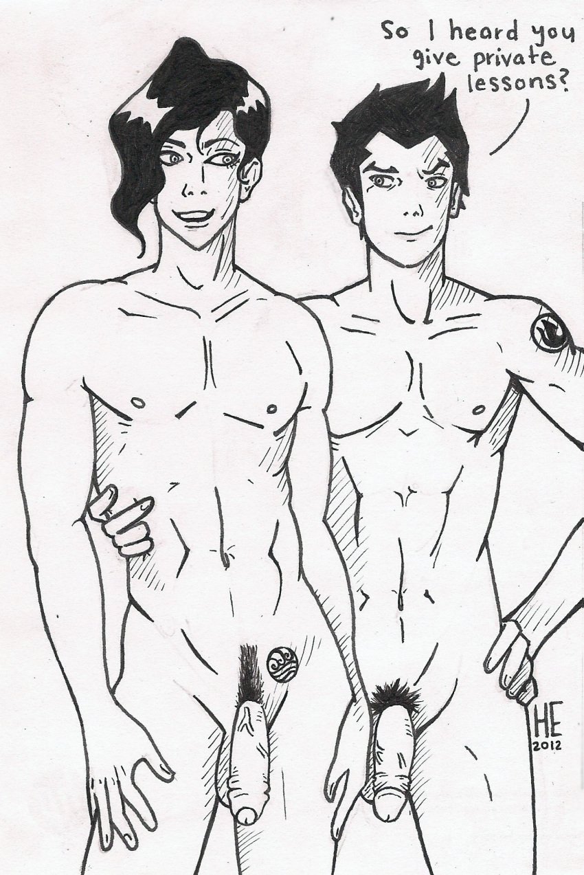 2boys abs arm_around_waist avatar_legends balls ballsack black_and_white english_text flaccid_penis foreskin foreskin_folds gay hand_on_hip hawkeyes711 human intact lean_muscle long_hair_male looking_at_partner mako male male/male male_nipples male_only male_pubic_hair monochrome muscles muscular_male nude_male partially_retracted_foreskin pecs penis penis_size_difference pubes pubic_tattoo retracted_foreskin scrotum shaved_crotch smooth_skin smooth_skinned_male tahno tattoos testicles text the_legend_of_korra trimmed_pubic_hair uncensored uncut veiny_penis water_tribe yaoi