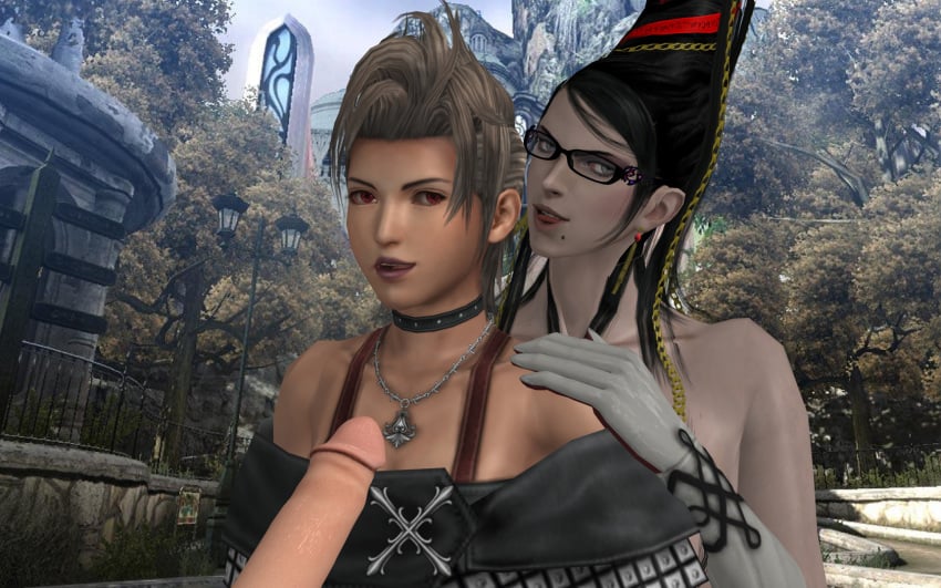 1boy 2girls 3d bayonetta bayonetta_(character) beauty_mark crossover female final_fantasy final_fantasy_x final_fantasy_x-2 male paine red_eyes sega threesome tongue_out witch xnalara