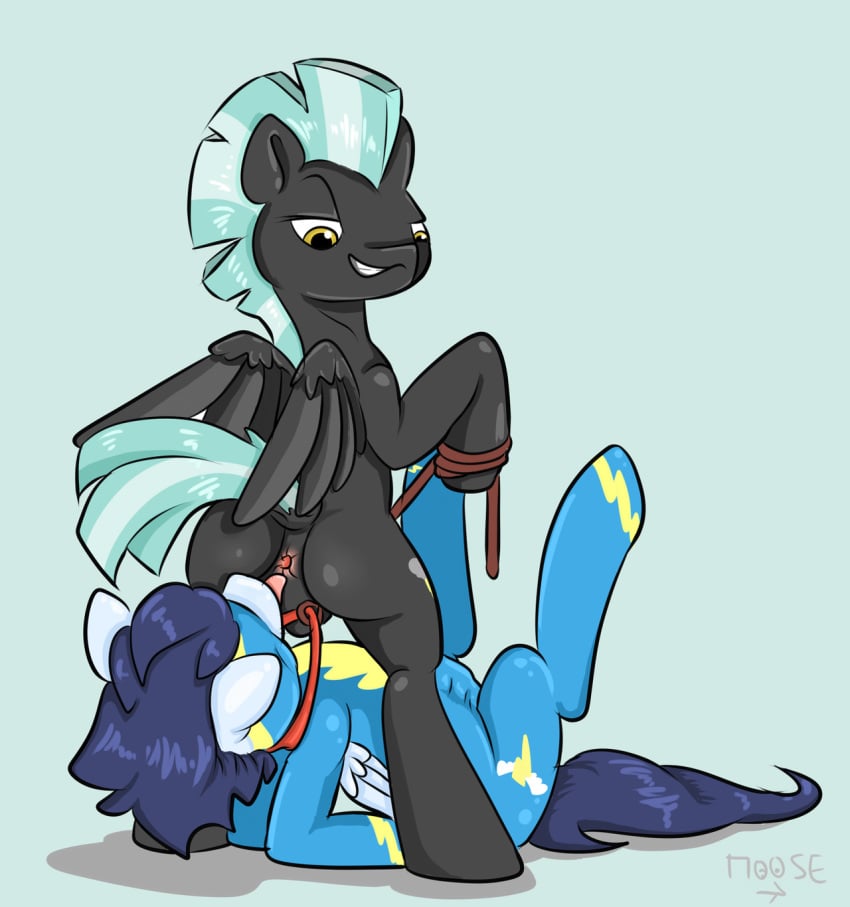 2boys anthro anus black_fur blue_hair bulge cynicalmoose duo equine friendship_is_magic leash licking looking_at_partner male male_only mane my_little_pony pegasus pony sex simple_background smile soarin_(mlp) suit thunderlane_(mlp) toying_partner wonderbolts_(mlp) yellow_eyes