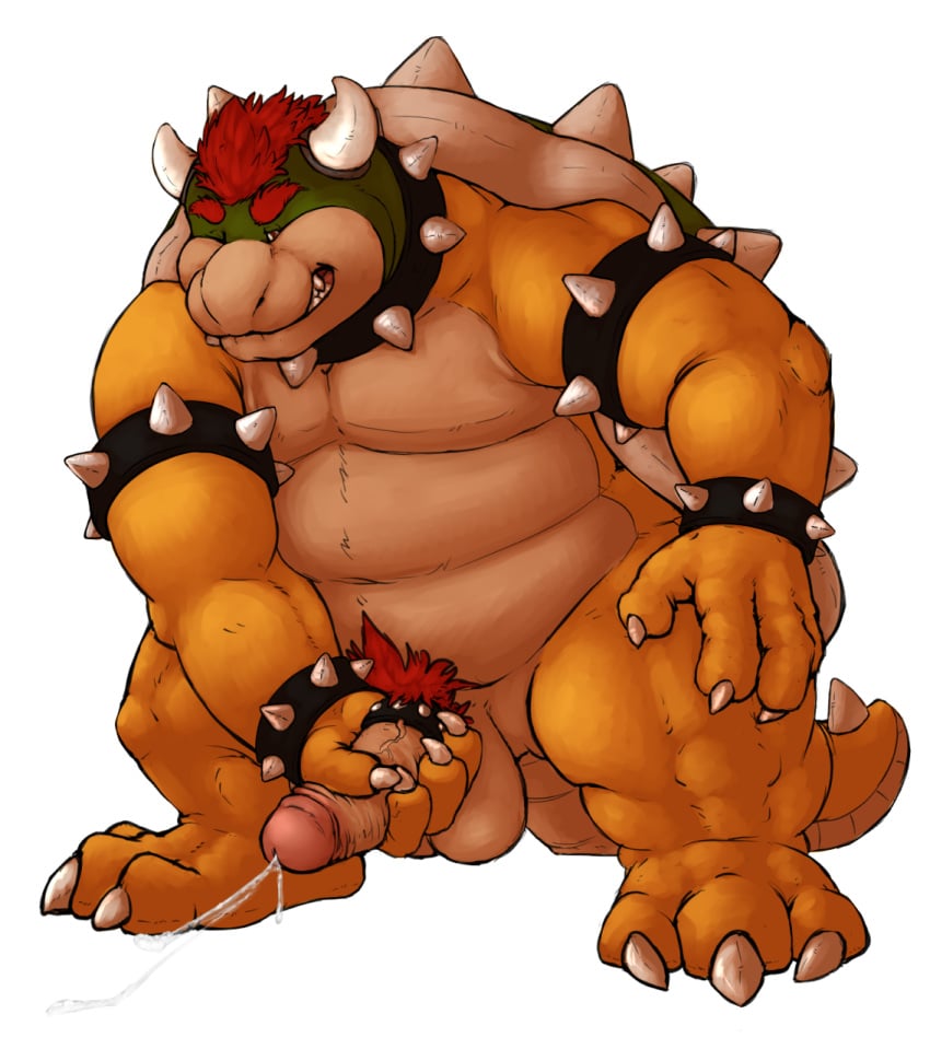 bara bowser cock_ring kronexfire male male_only mario_(series) masturbation muscles nintendo nude one_eye_closed orgasm penis plain_background pubes reptile scalie shell solo spikes standing teeth tongue turtle white_background wristband